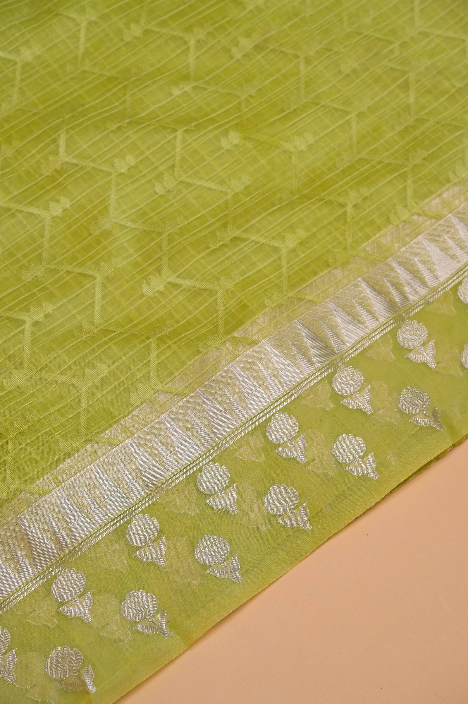 Elegant Check Pattern Lime Green Banarasi Kora Saree with Blouse